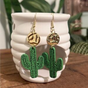 Green Cactus Earrings with Gold Accents